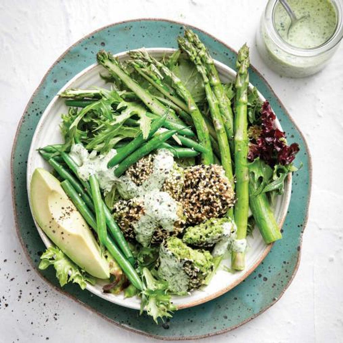 Edamame falafel bowl with creamy herb dressing