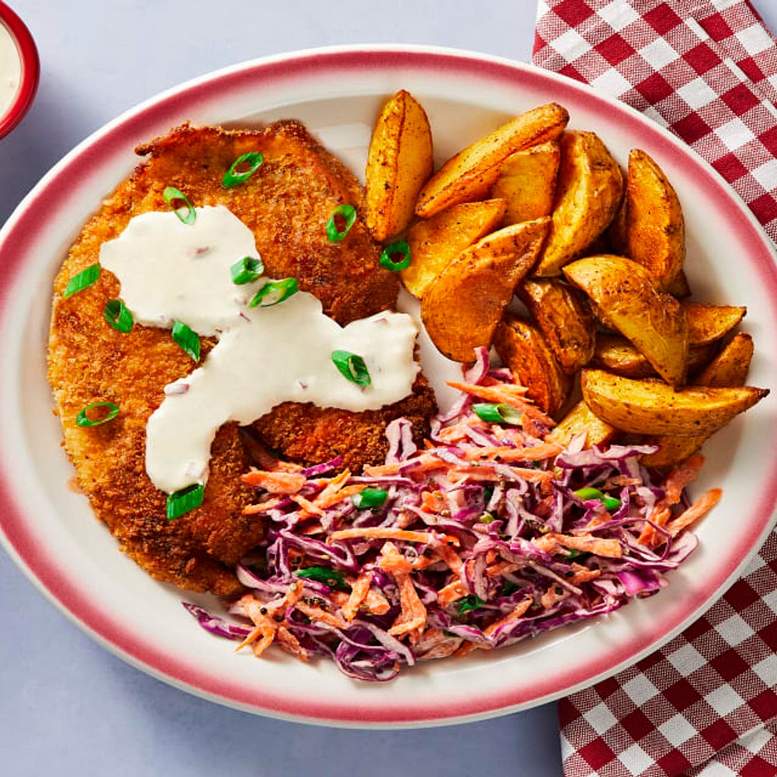 Louisiana-Style Tilapia with Potato Wedges, Red Cabbage Slaw & Spicy Remoulade