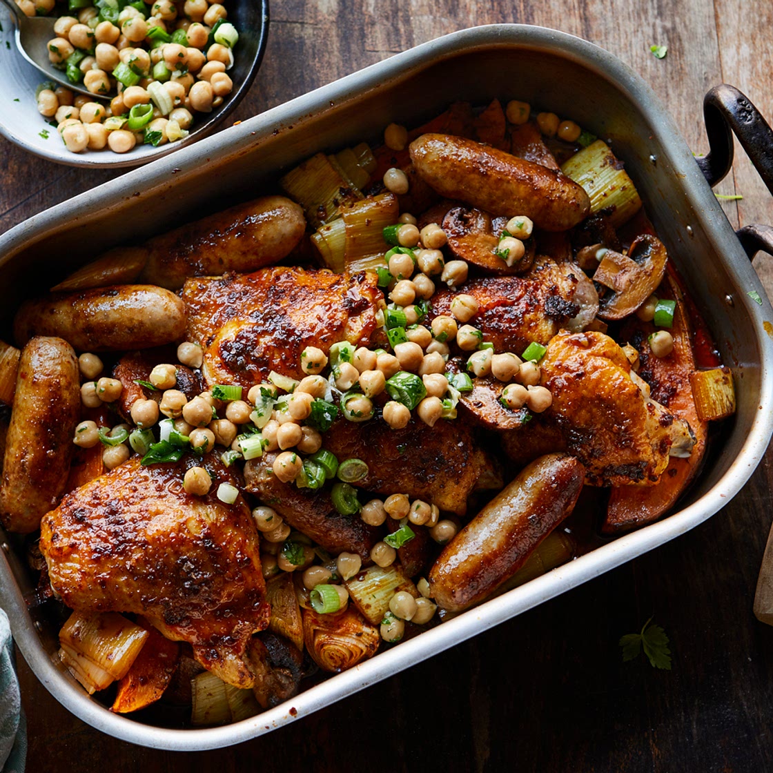 Chicken and sausage traybake with harissa, mushrooms and chickpeas