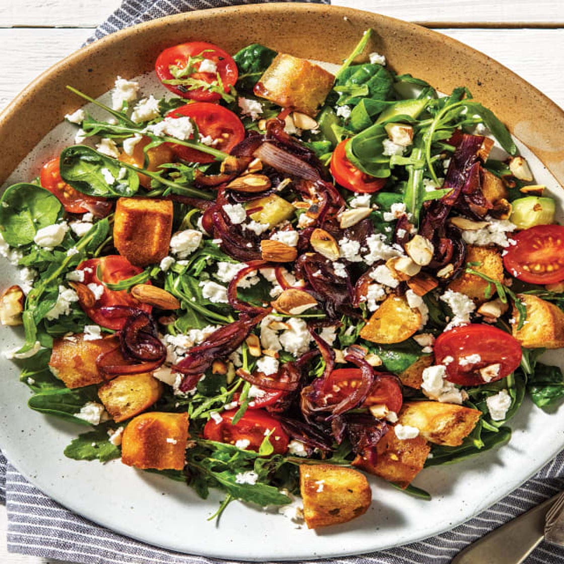 Goat Cheese & Cherry Tomato Panzanella Salad with Caramelised Onion & Almonds