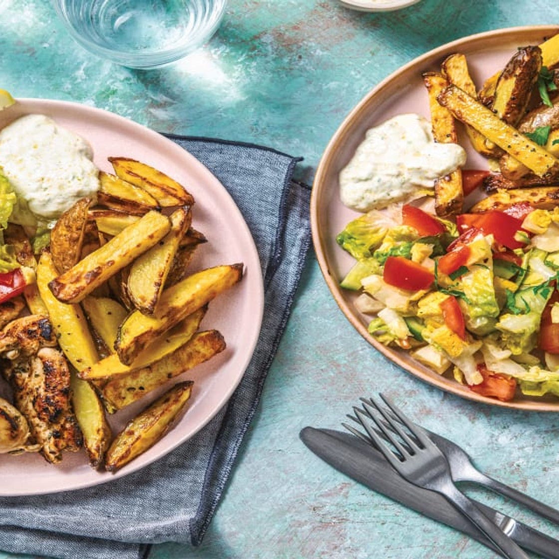 Greek-Style Chicken & Lemon Pepper Fries with Garden Salad & Tzatziki