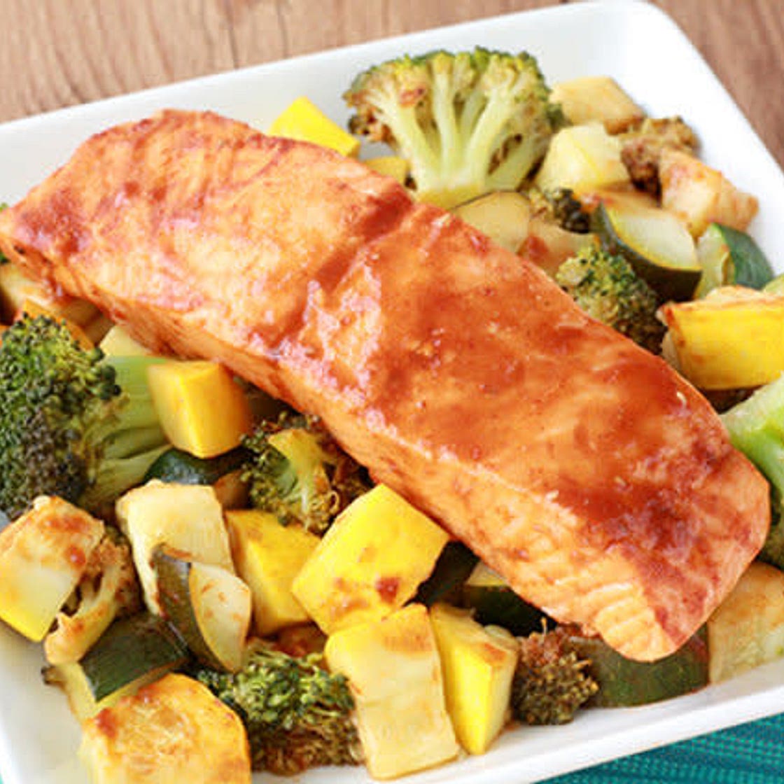 spicy BBQ Salmon and veggies