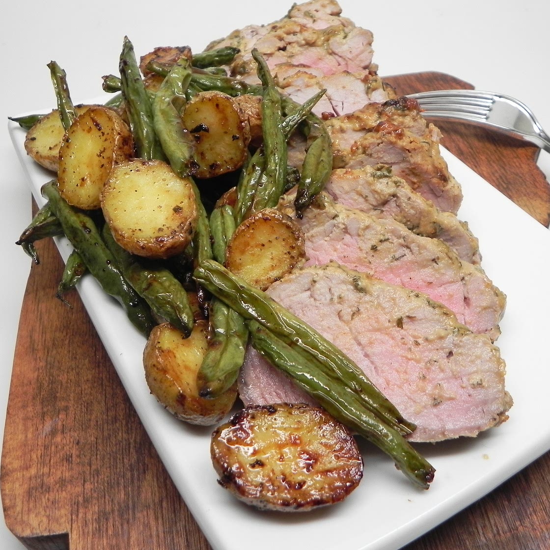 Air Fryer Mustard-Crusted Pork Tenderloin with Potatoes and Green Beans