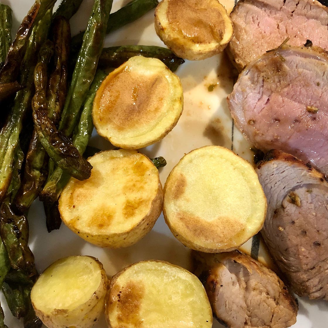Air Fryer Mustard-Crusted Pork Tenderloin with Potatoes and Green Beans