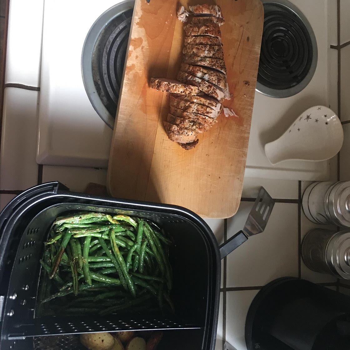 Air Fryer Mustard-Crusted Pork Tenderloin with Potatoes and Green Beans