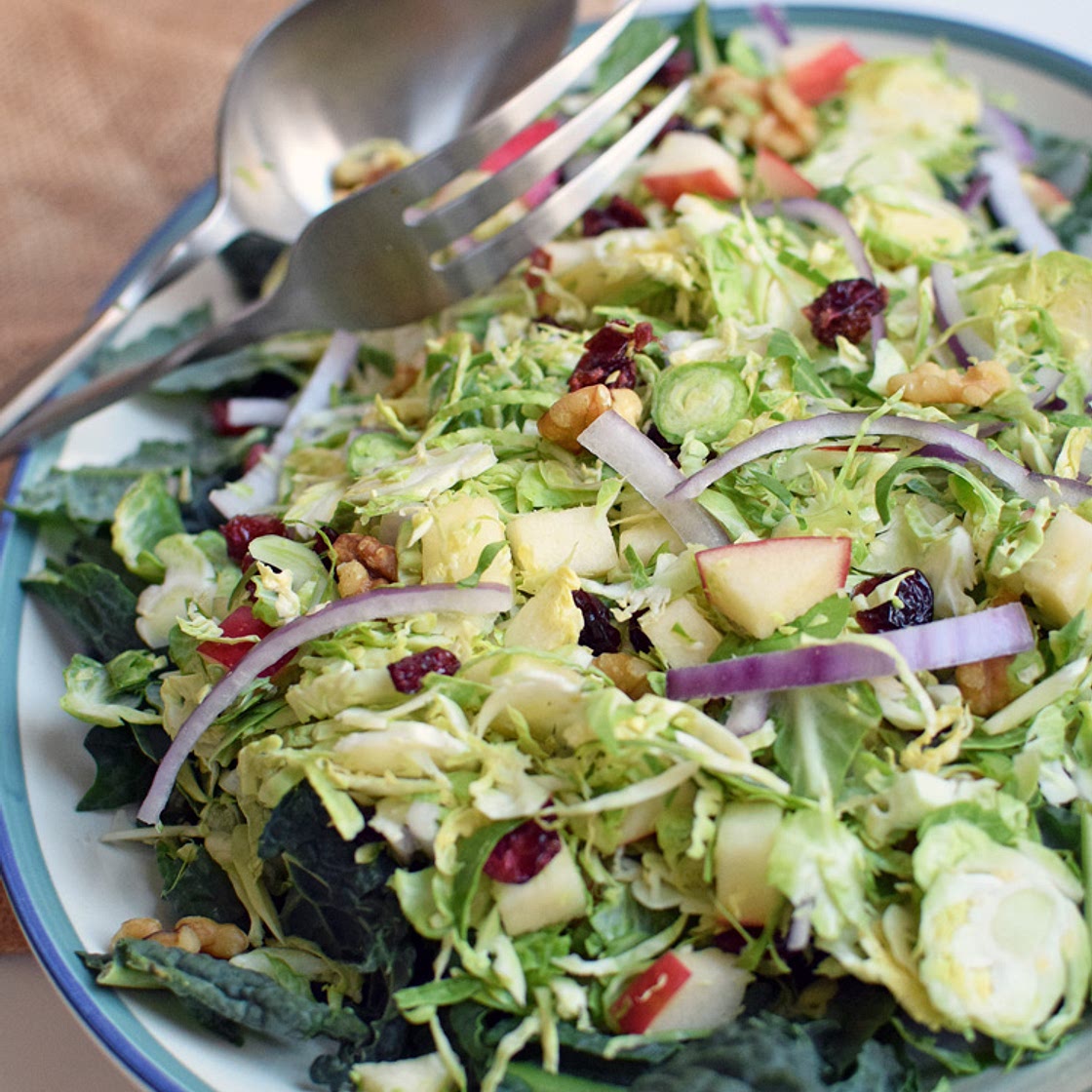 Shaved Brussel Sprout & Kale Salad with Tahini Maple Dressing