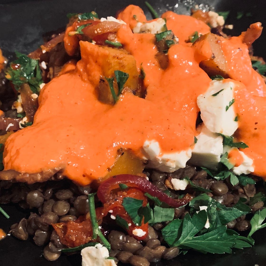 Puy lentils & roasted vegetables with feta & red pepper sauce