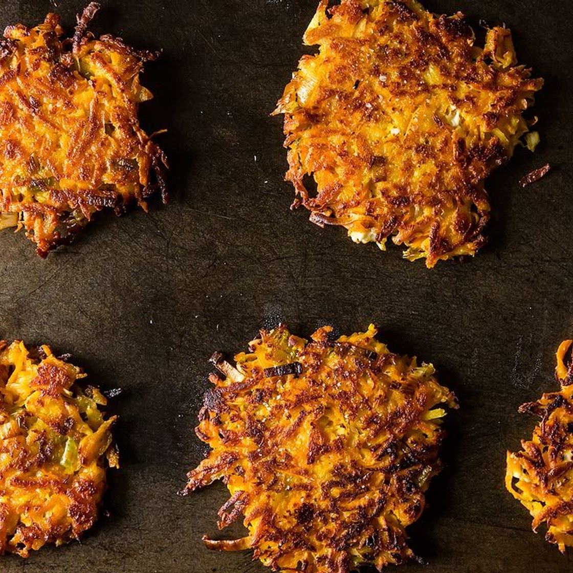 Sweet Potato Parsnip Latkes with Feta and Leeks