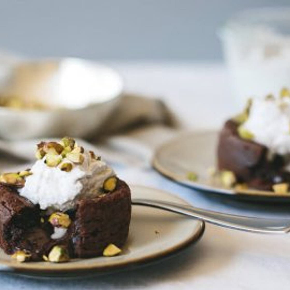 Molten Chocolate Cake with Coconut Whipped Cream and Pistachios (dairy-free, paleo)