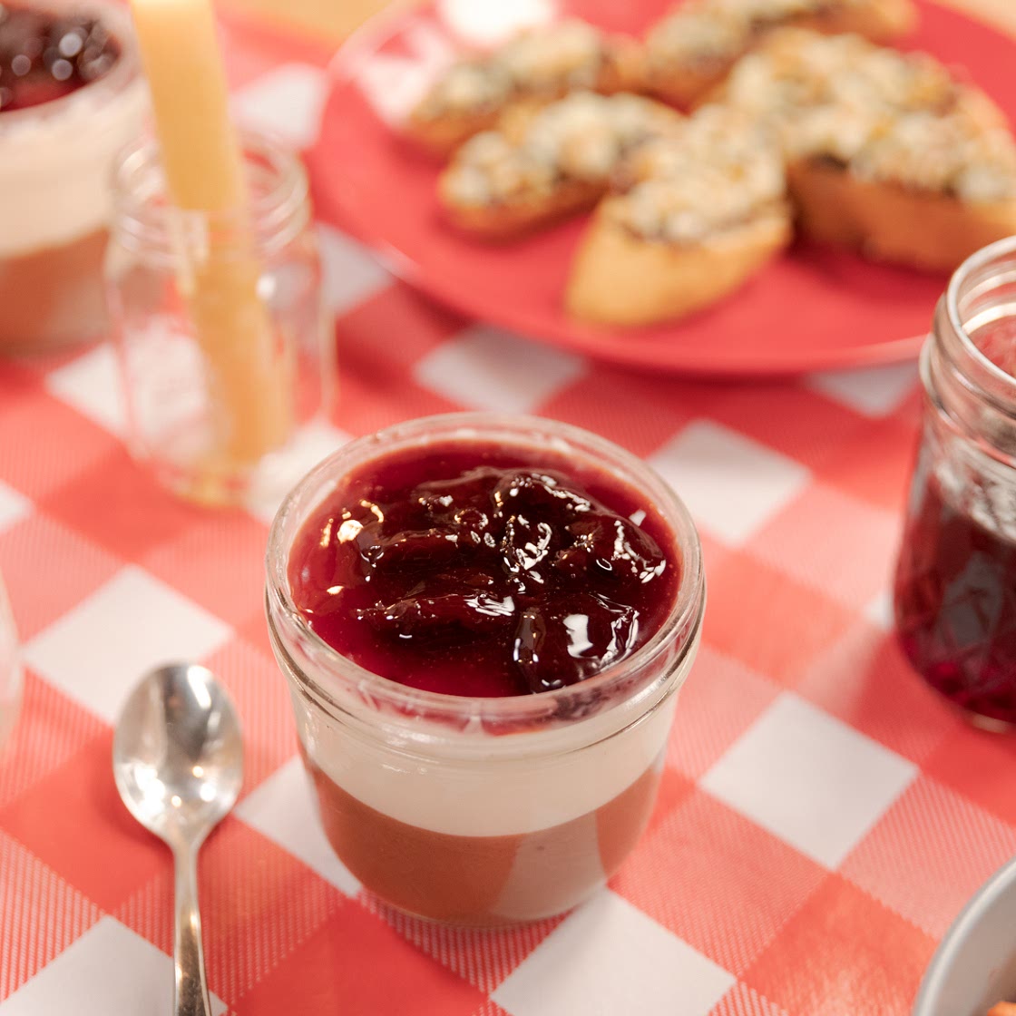 Chocolate & Vanilla Panna Cotta With Cherry Sauce