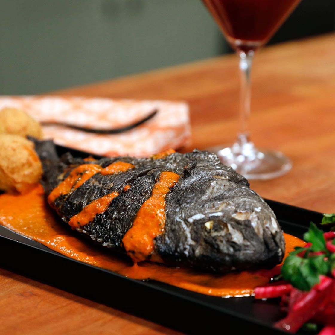 Whole Fried Black Fish with Piquillo Pepper Sauce & Raw Beet Salad