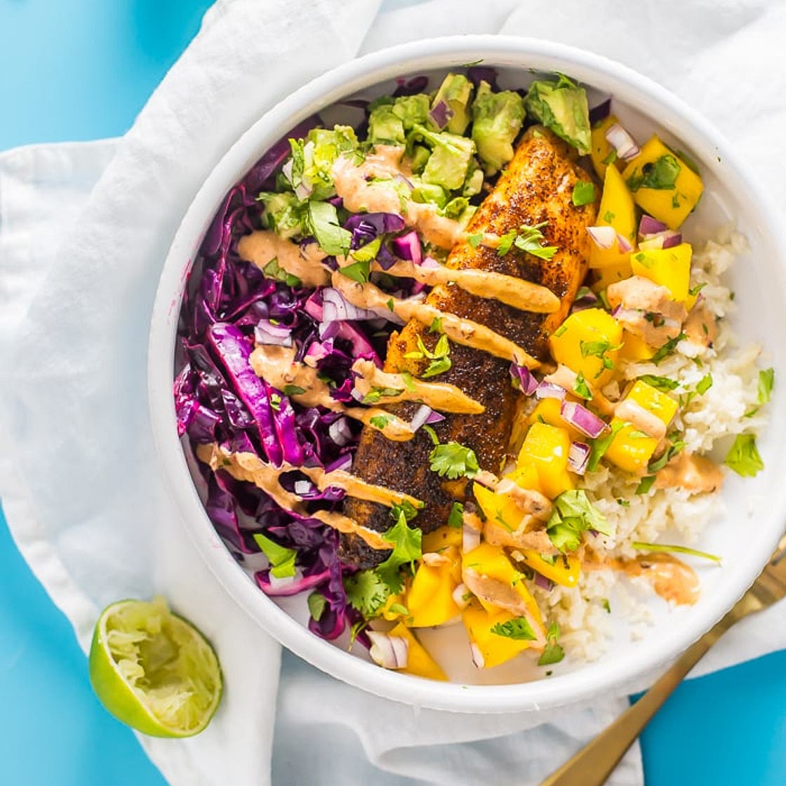 Whole30 Fish Taco Bowls with Mango Salsa, Chipotle Aioli, Coconut-Lime Cauliflower Rice (Paleo)