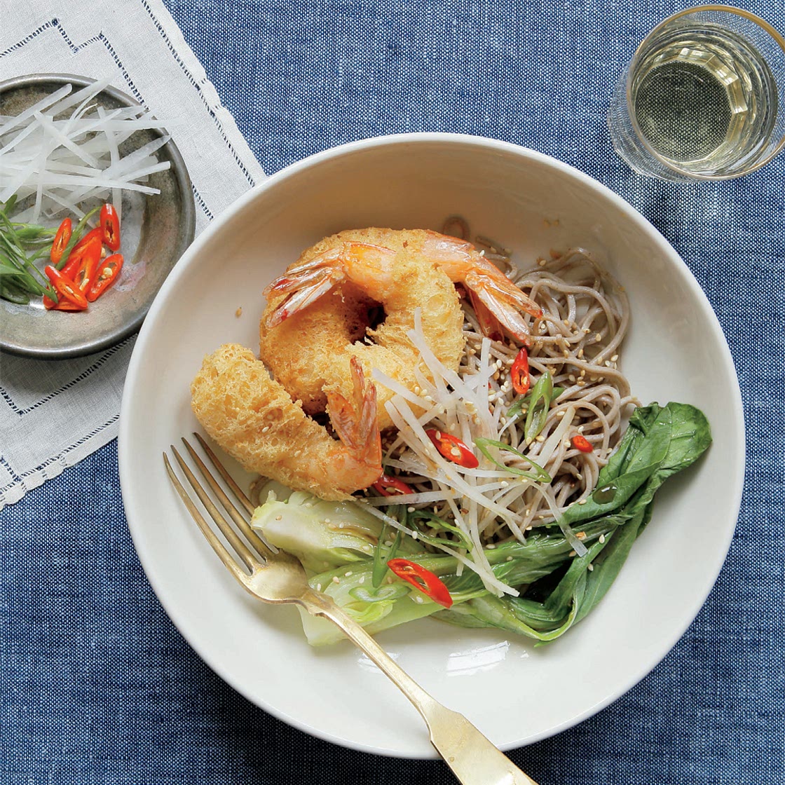 Soba noodles with bok choy and sesame tempura shrimp