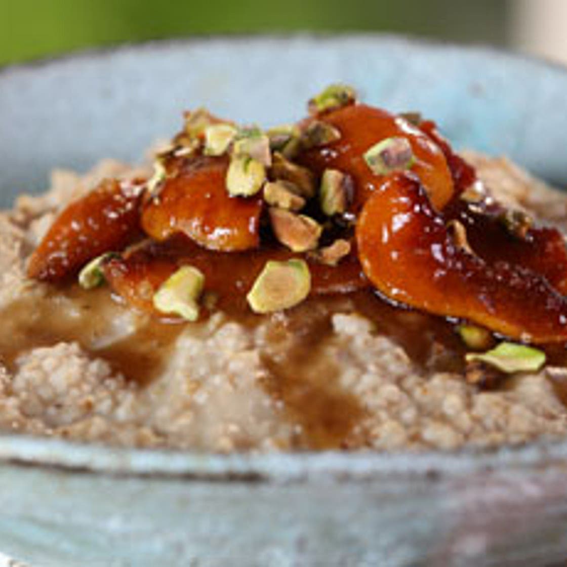 Lightly Toasted Overnight Steel-Cut Oatmeal with Honey-Roasted Apricots and Pistachios