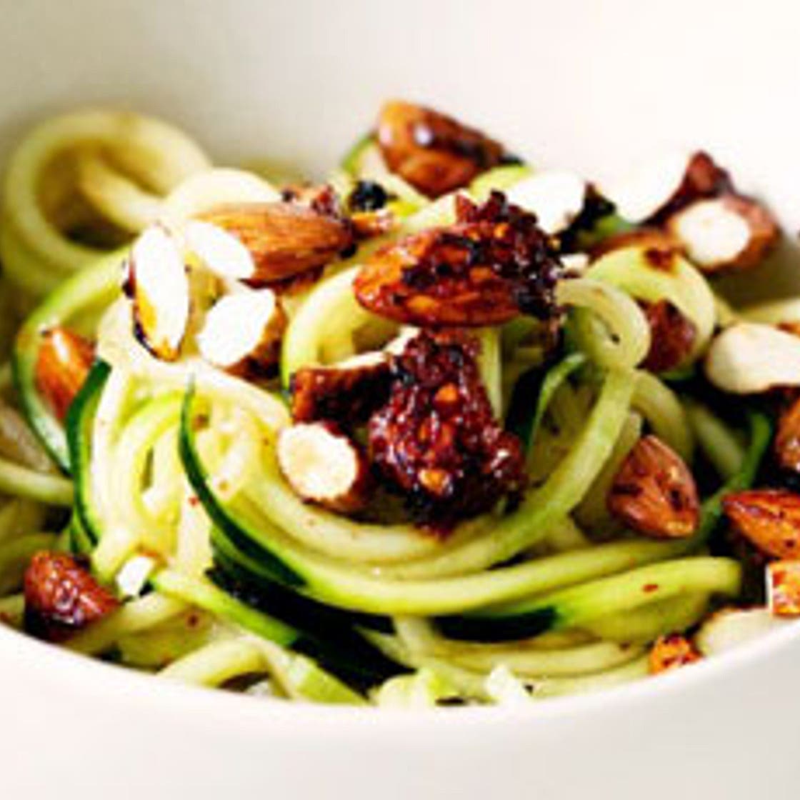 Broccoli Stalk, Kimchi & Zucchini Tangle with Honey Tamari Almonds
