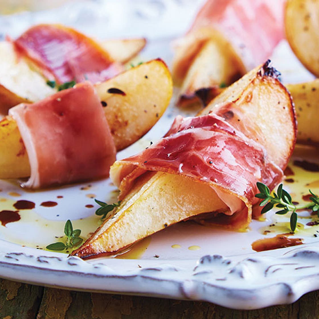 Receta con peras rostizadas y jamón serrano