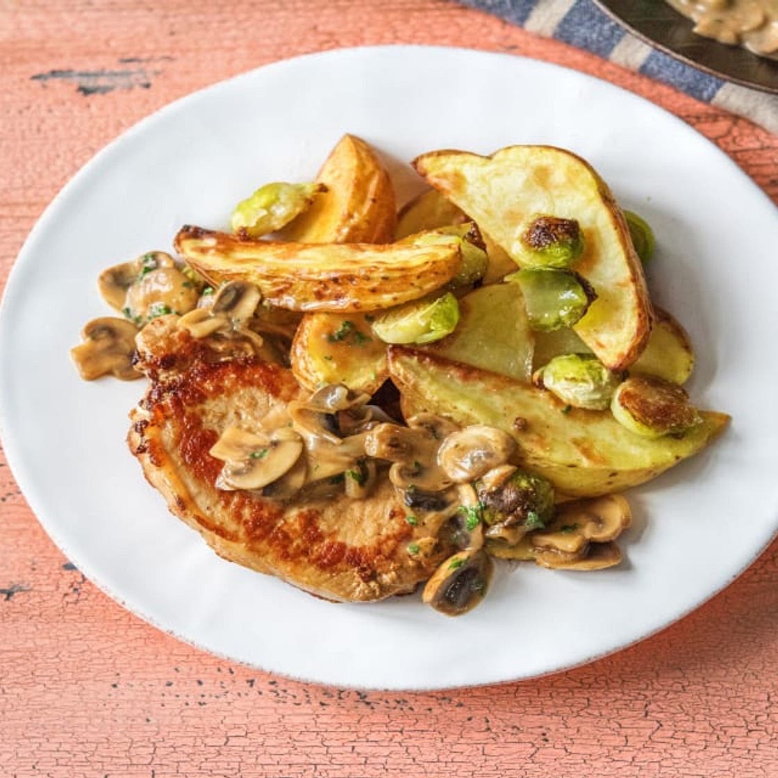 Creamy Mushroom Pork Chops with Roasted Brussels Sprouts and Crispy Potatoes