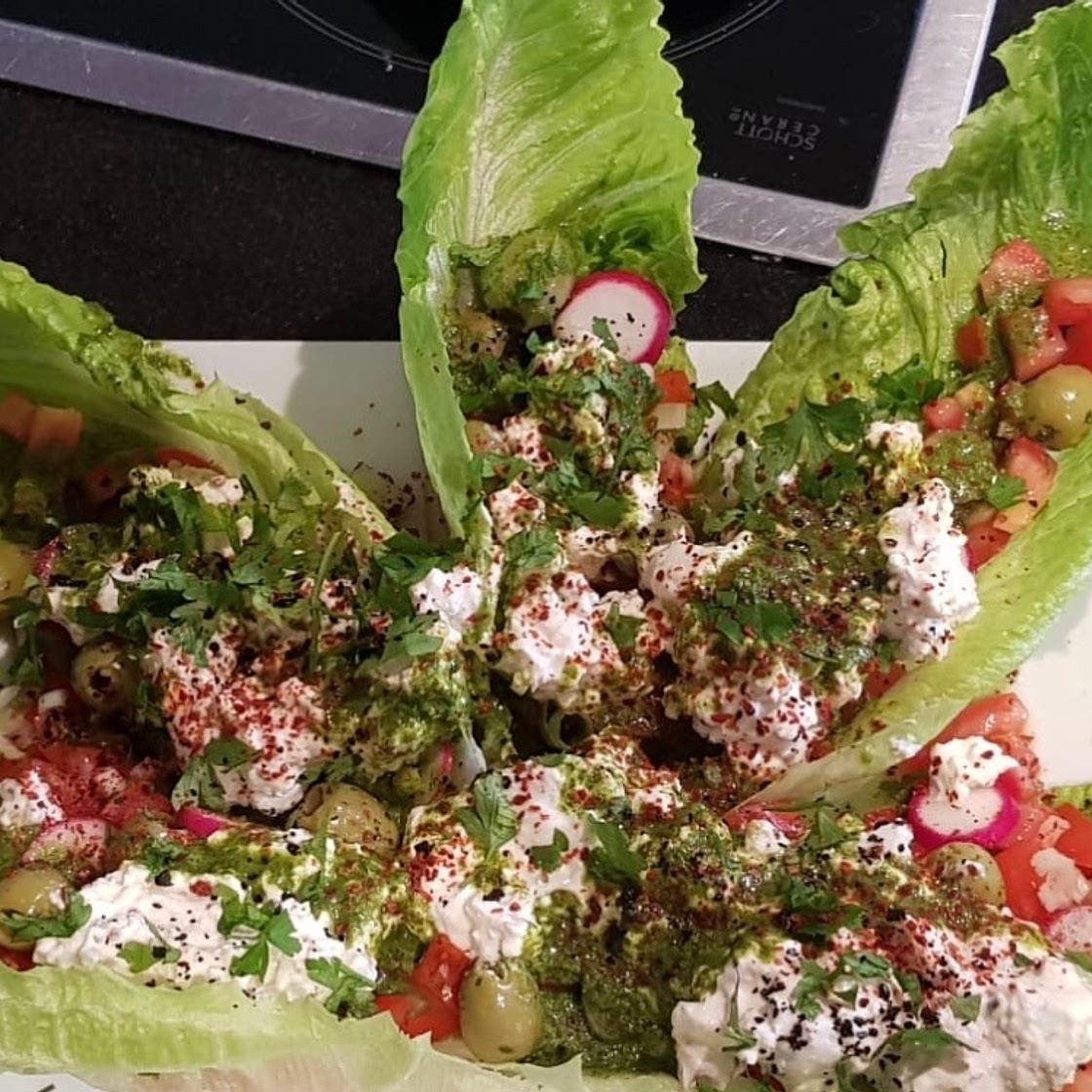 Feta and walnut salad with a green parsley and mint dressing