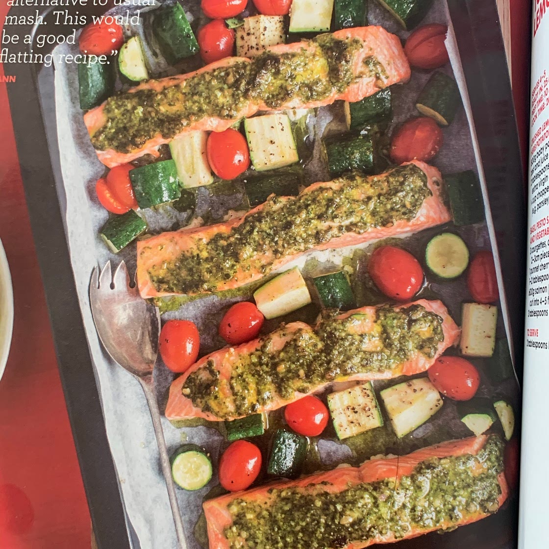 Basil Pesto Salmon with Roast Tomatoes, Courgette, and Crushed Lemon and Herb Potatoes