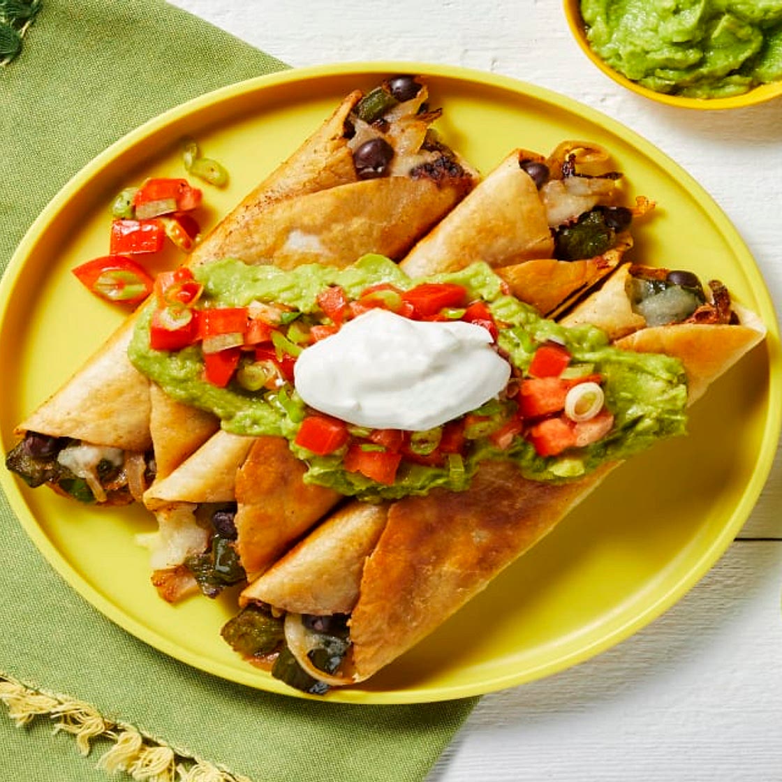 Black Bean & Poblano Flautas with Guacamole, Pico de Gallo & Sour Cream