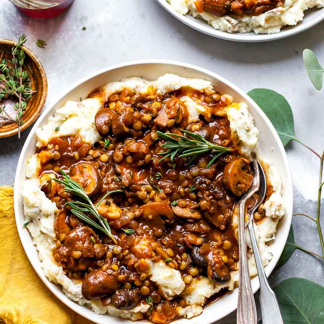 Lentil and Mushroom Stew over Potato-Parsnip Mash