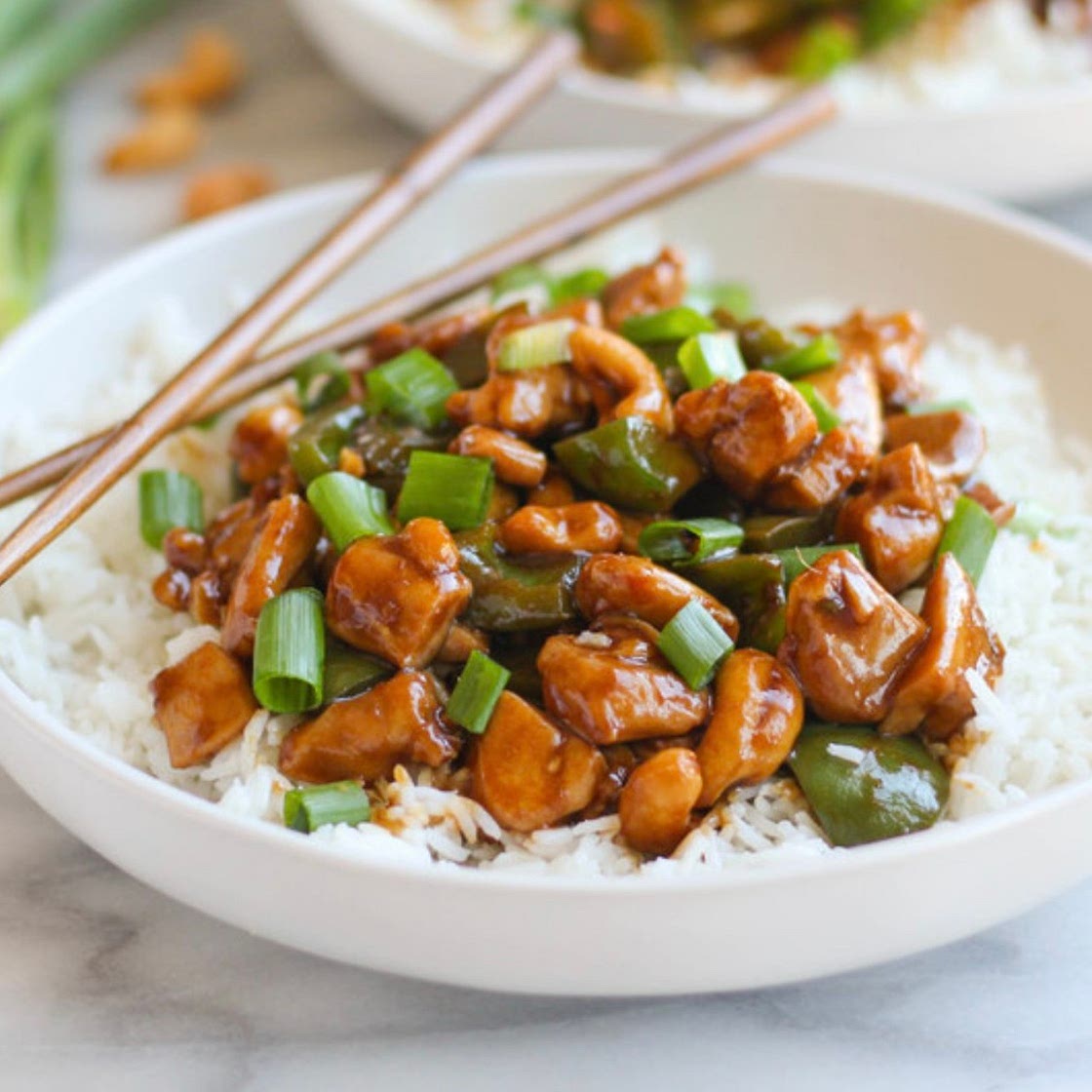 Chicken, Bell Pepper & Cashew Stir-Fry over Rice