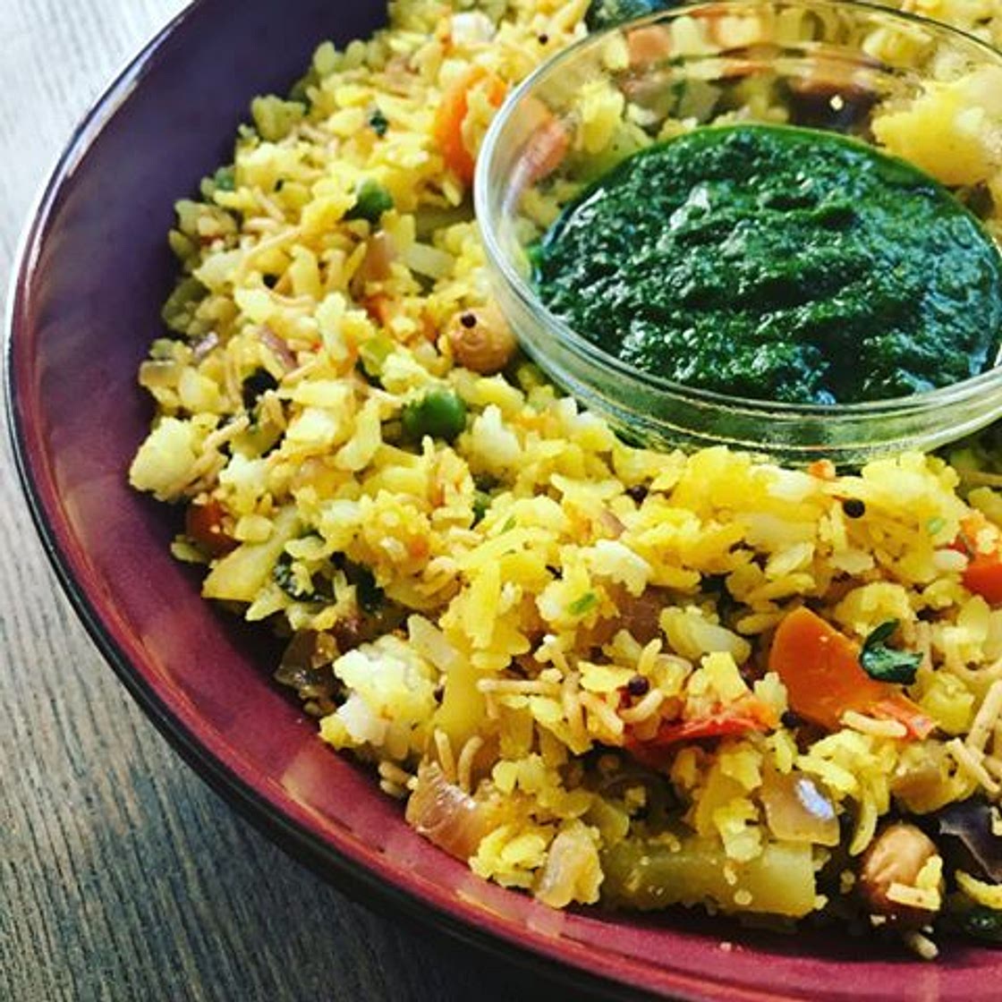 Indian spiced Poha (Flattened rice) with cilantro chutney