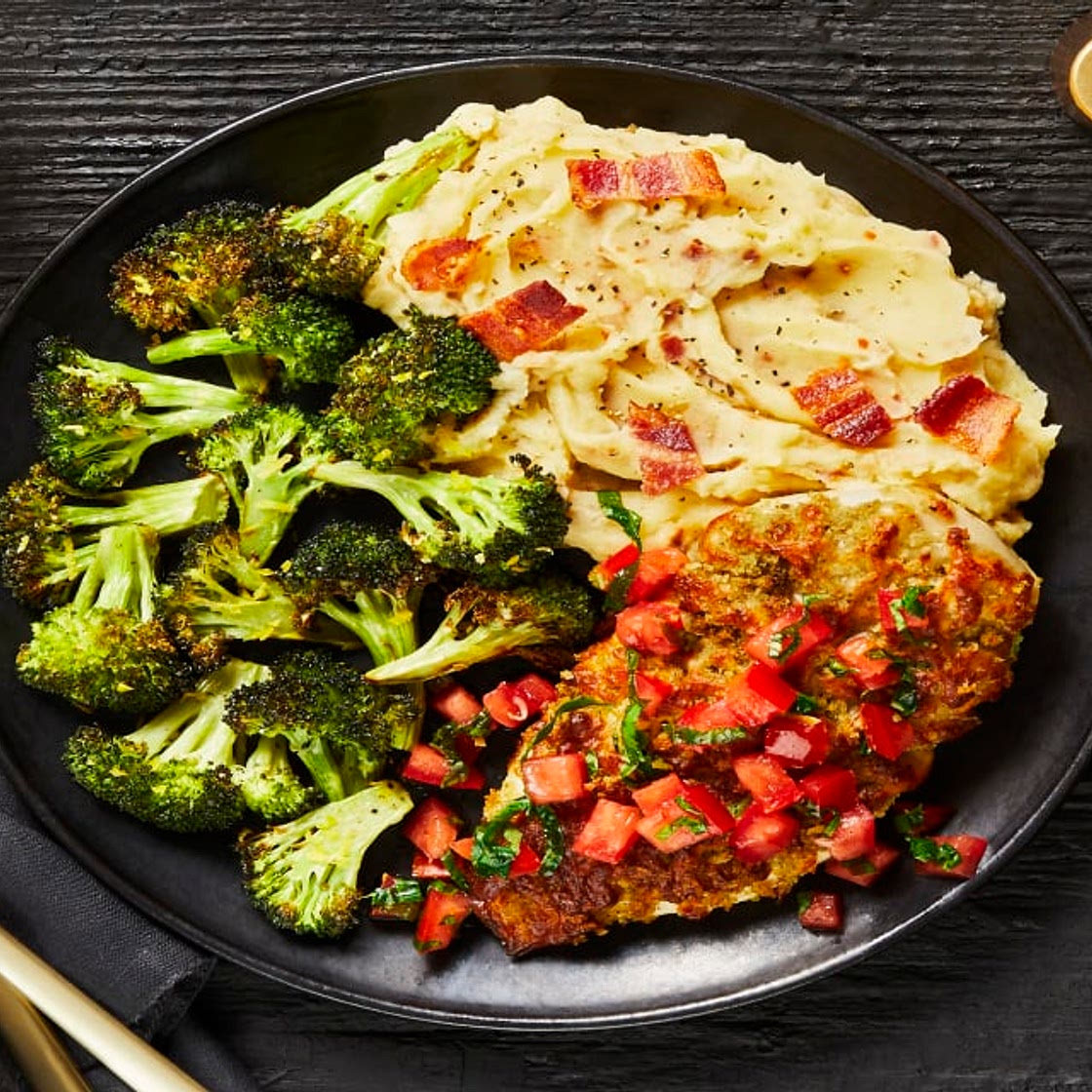 Bruschetta Chicken with a Crispy Mozzarella Crust, Bacon Mashed Potatoes & Broccoli