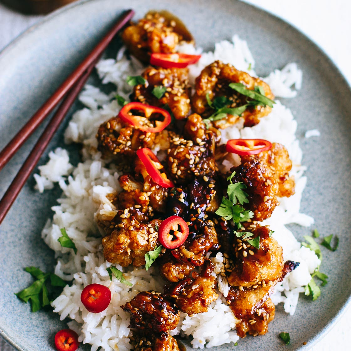 Gluten Free Crispy Sweet + Spicy Cauliflower Bites