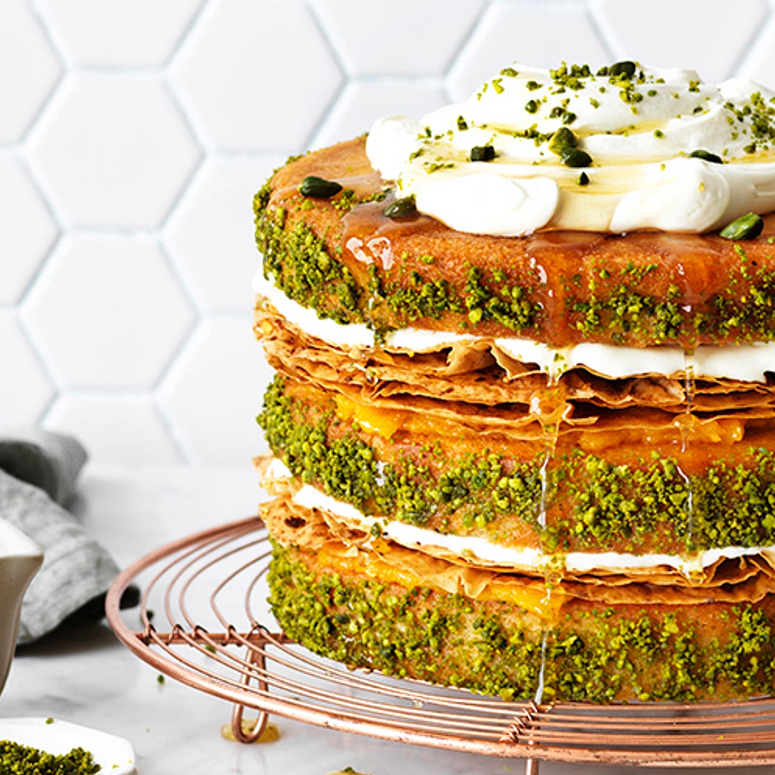 Pistachio and apricot baklava cake