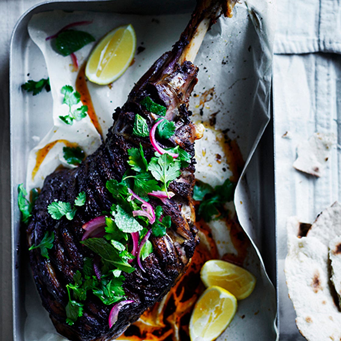 Shawarma-spiced roast lamb leg with beetroot sauce