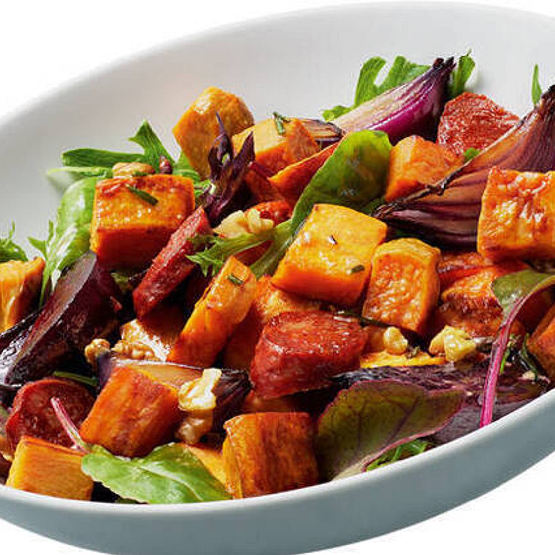 Sweet potato, beetroot and chorizo salad