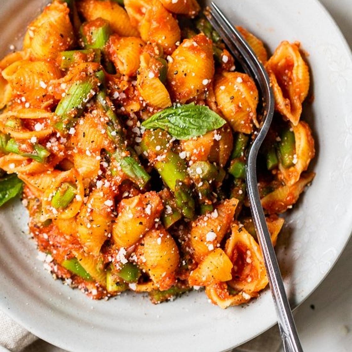 Baby Pasta Shells with Asparagus and Marinara Sauce
