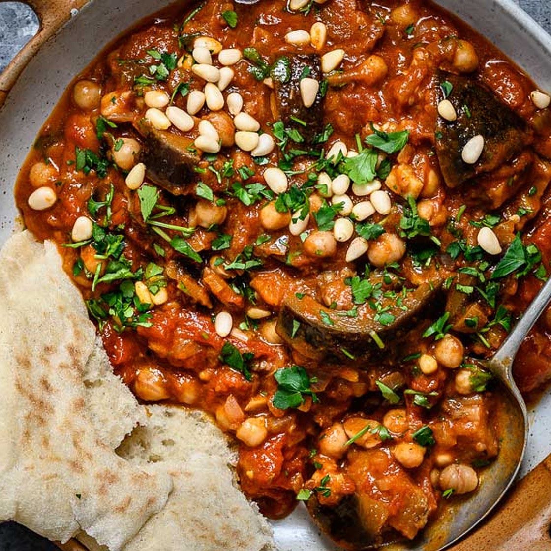 Aubergine Chickpea Stew with Fresh Flatbreads