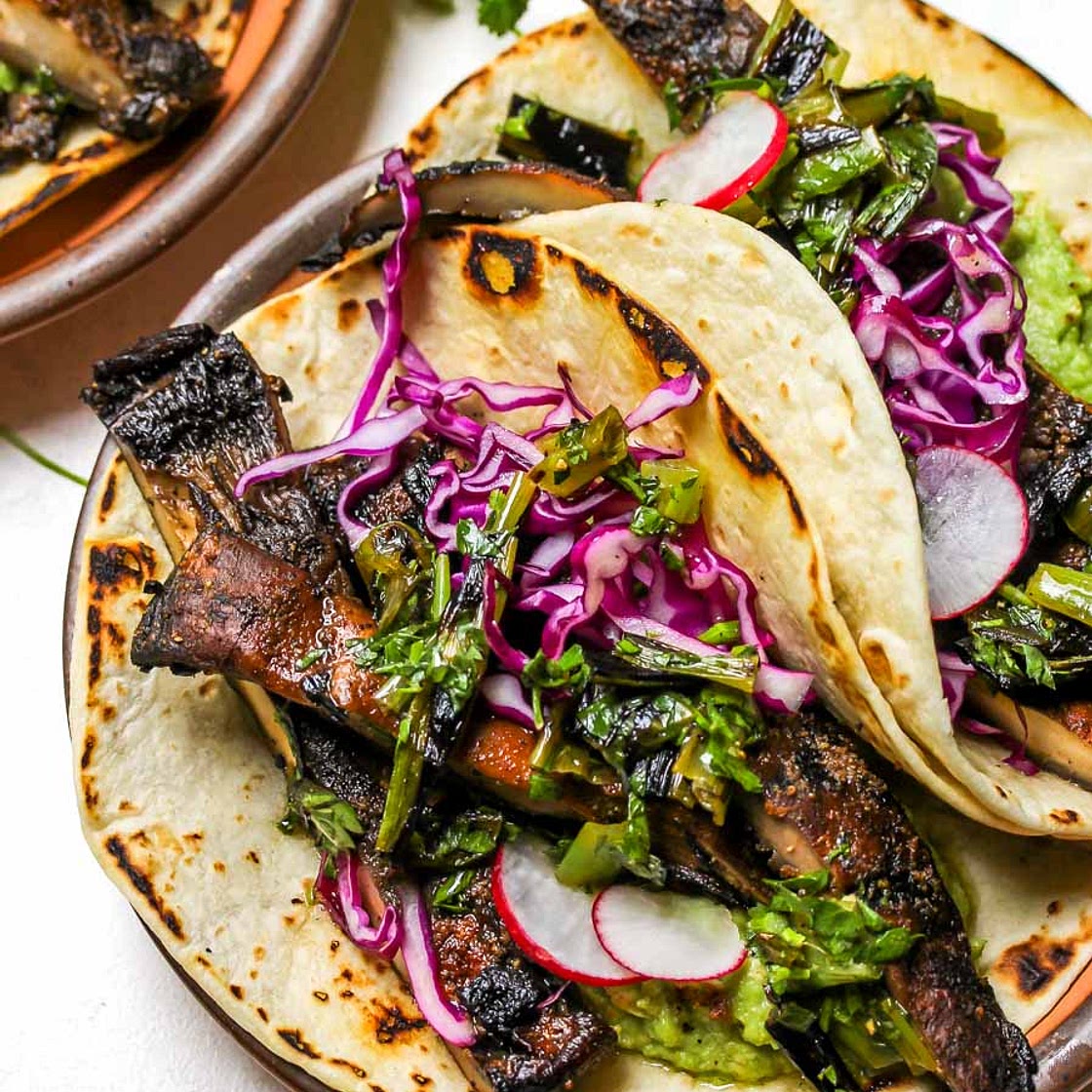 Portobello Tacos with Charred Scallion Salsa Verde