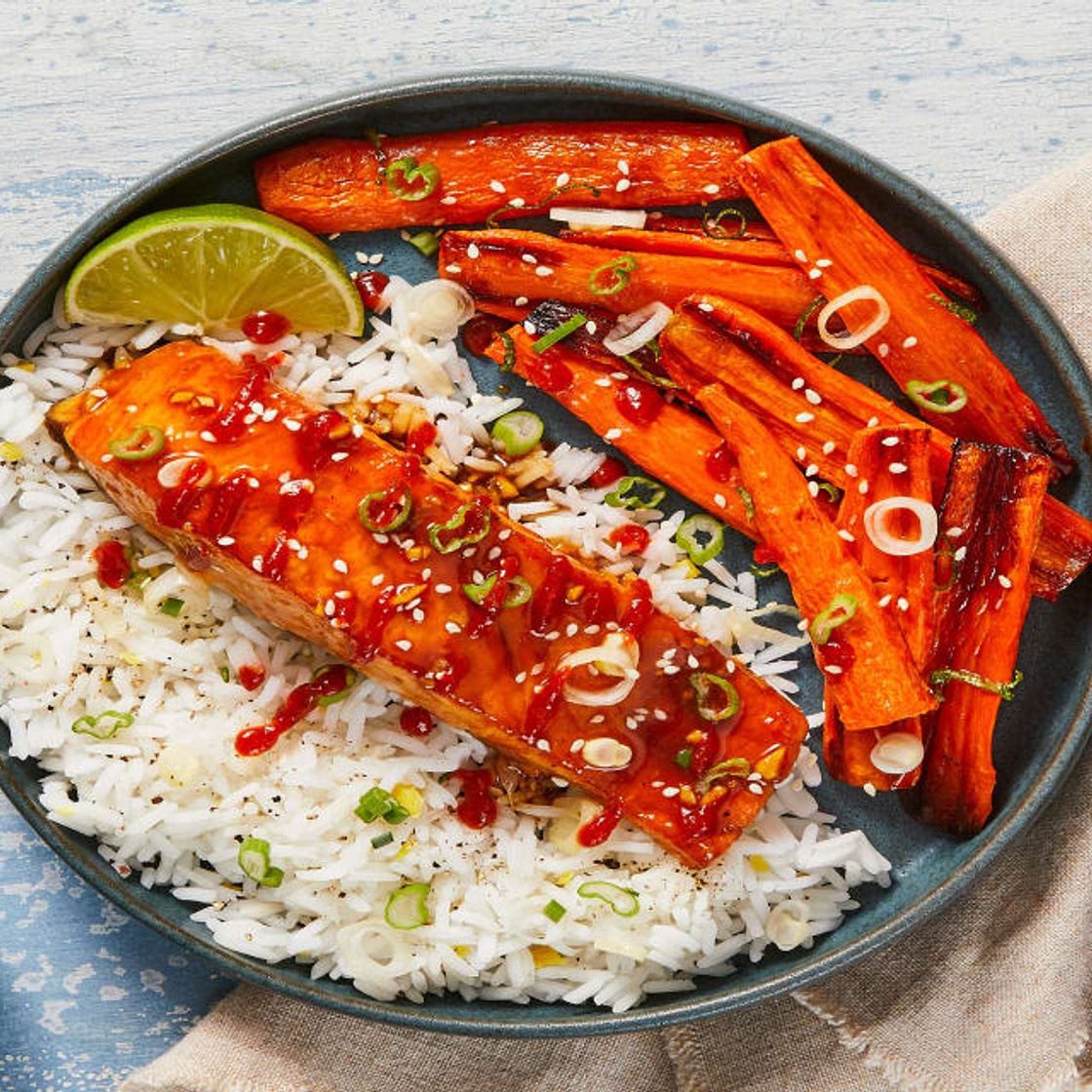 Zingy Mustard Soy Salmon with Pickled Scallions, Ginger Rice & Citrus Carrots