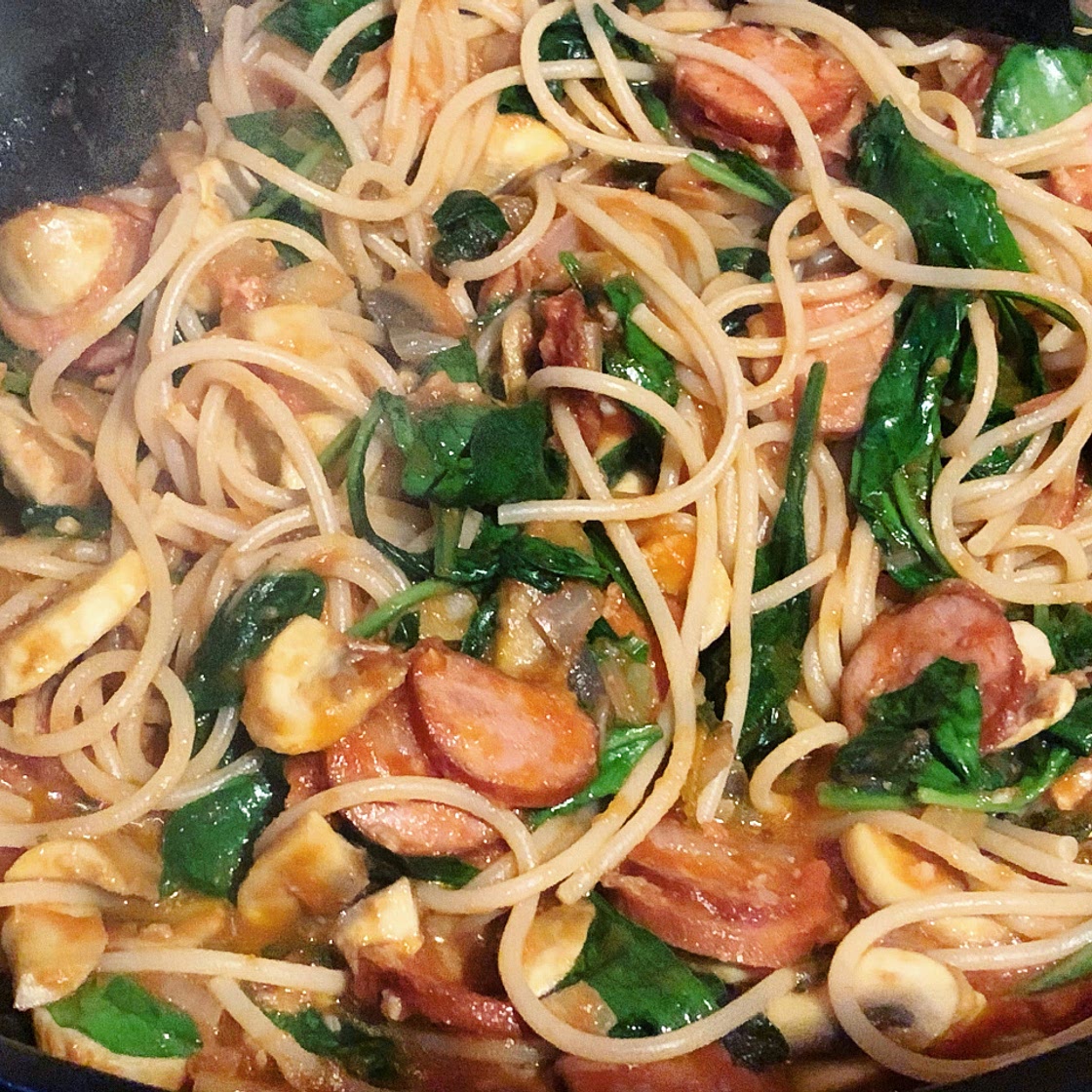 Spelt spaghetti with chorizo & mushrooms (low salt low carb)