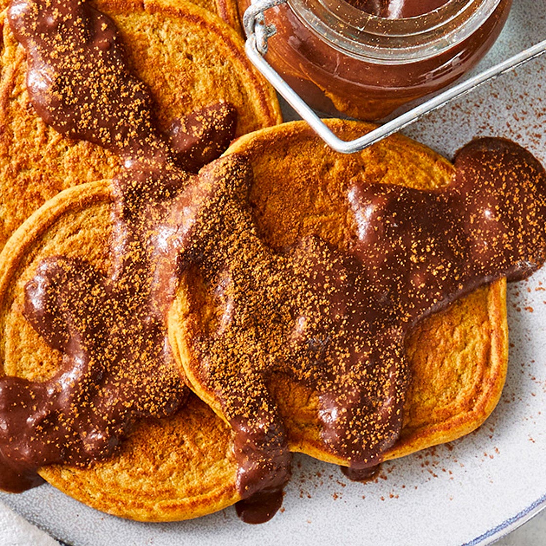 Sweet Potato Flapjacks with Warm Chocolate Sauce