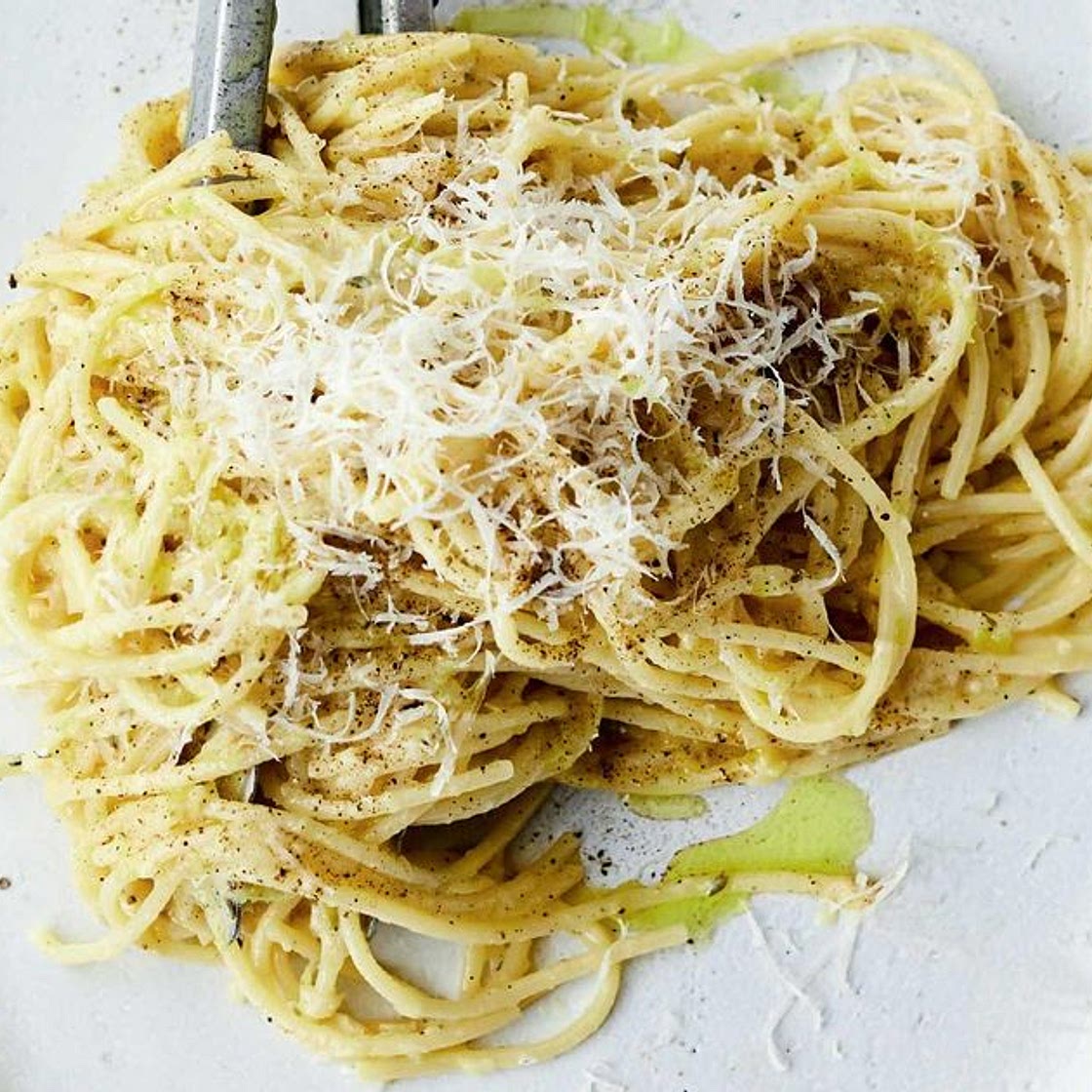 Jamie Oliver's Sweet Leek Carbonara with Fresh Thyme, Garlic, Cracked Black Pepper and Parmesan