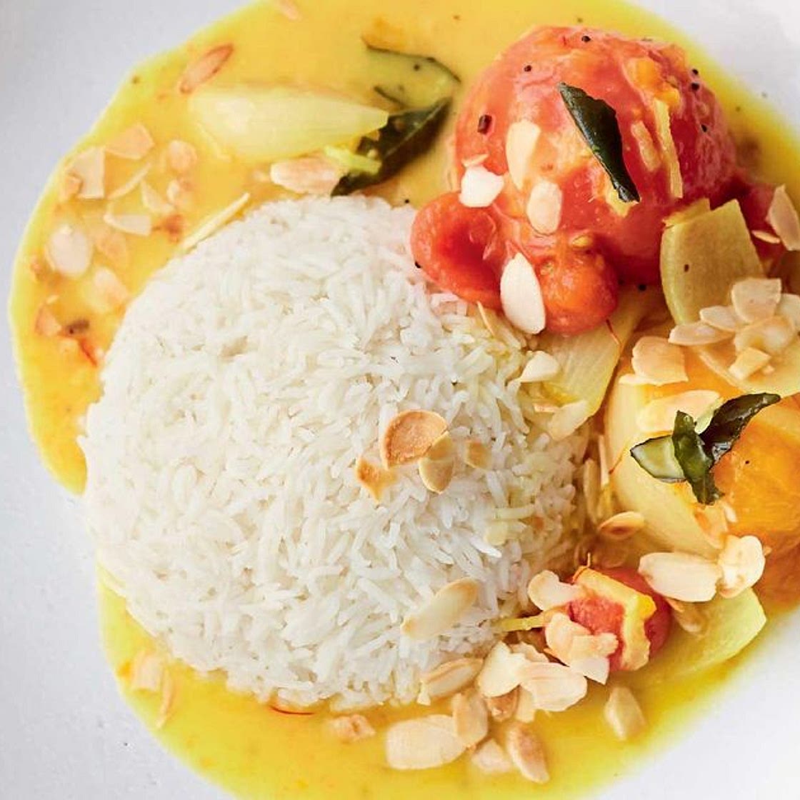 Jamie Oliver's Amazing Tomato Curry with Fragrant Spices, Saffron and Coconut Sauce, Toasted Almonds