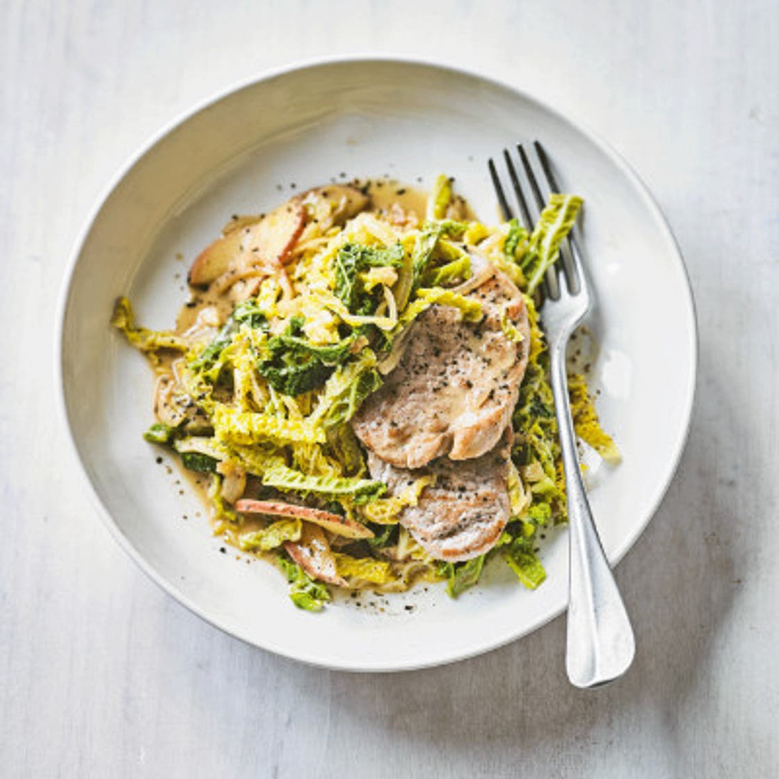 Pork medallions with Savoy cabbage, apple & mustard