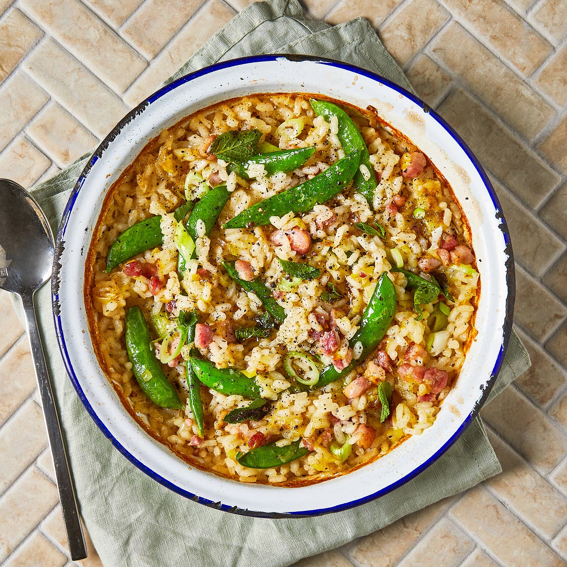 Baked Sugar Snap & Bacon Risotto