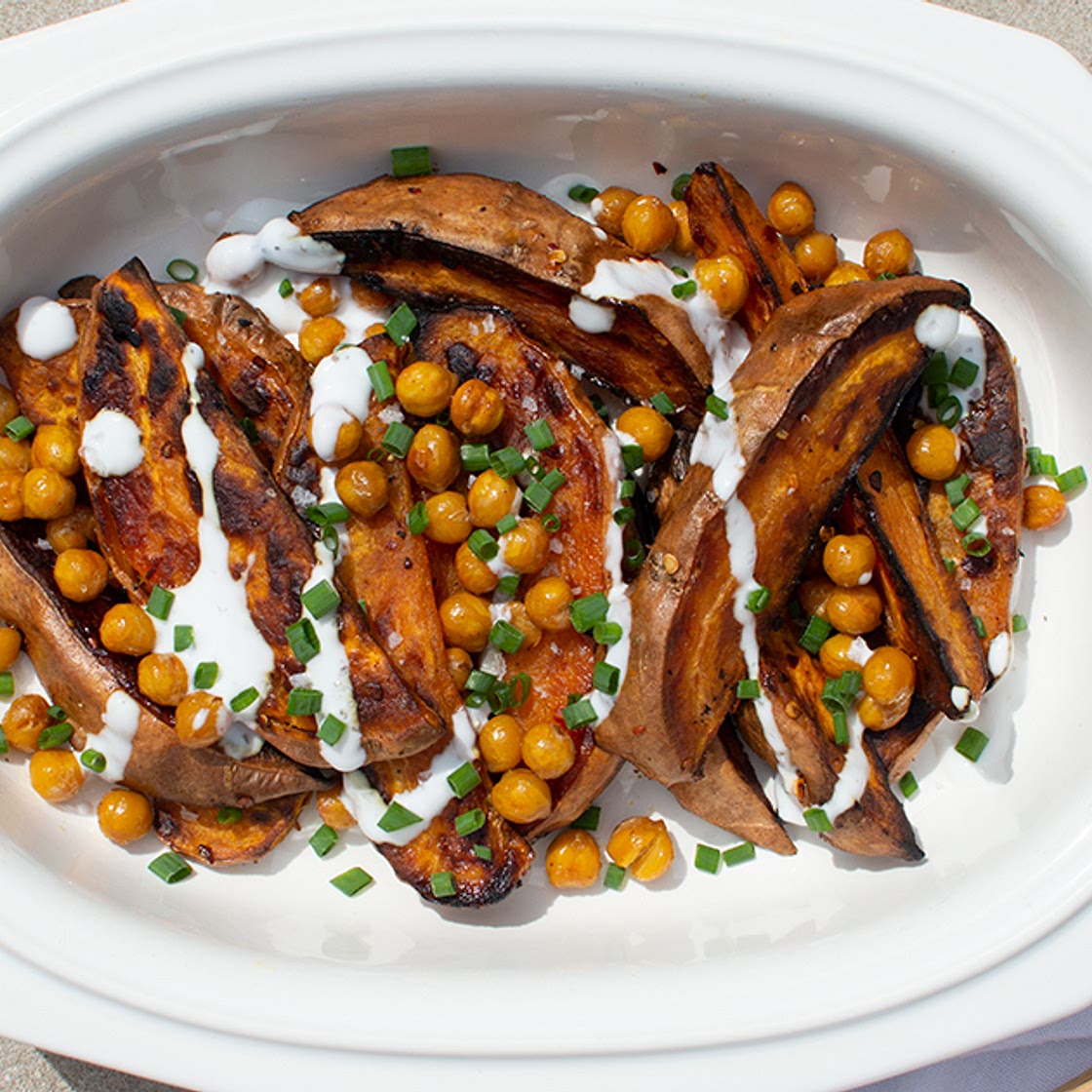 Oven-Roasted Sweet Potatoes with Crispy Chickpeas and Yogurt Sauce