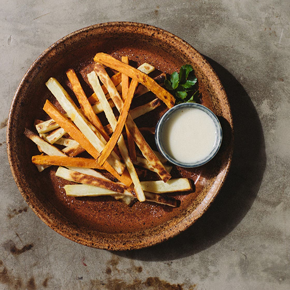 Sweet Potato Fries with Garlic "Mayo"