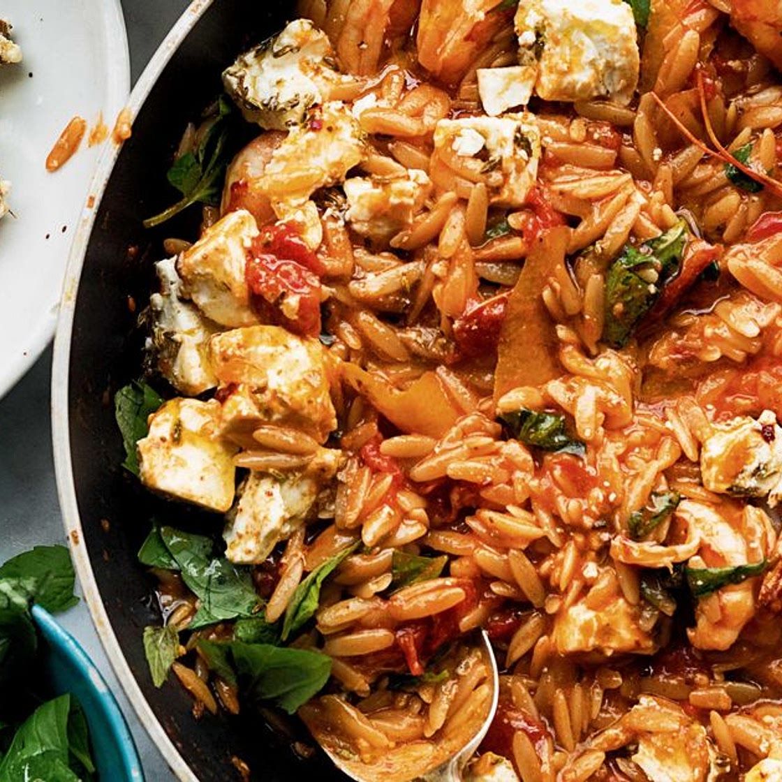 Ottolenghi's Orzo with Prawns, Tomato and Marinated Feta