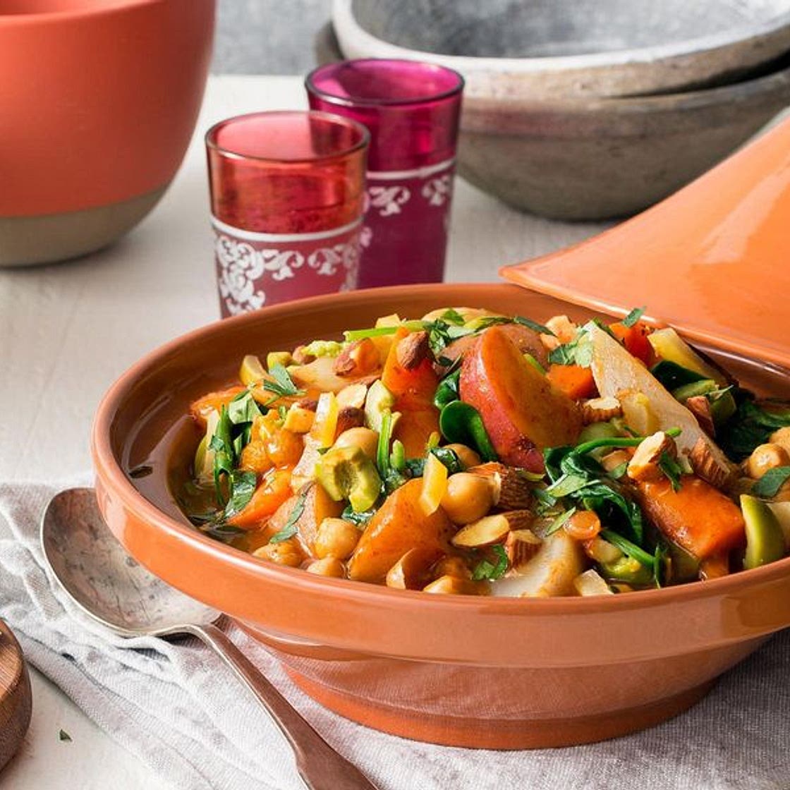 Moroccan root vegetable and chickpea tagine with roasted almonds and golden raisins