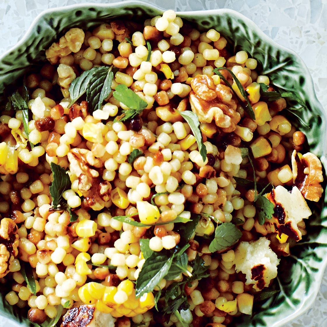 Corn and Fregola with Grilled Halloumi Cheese