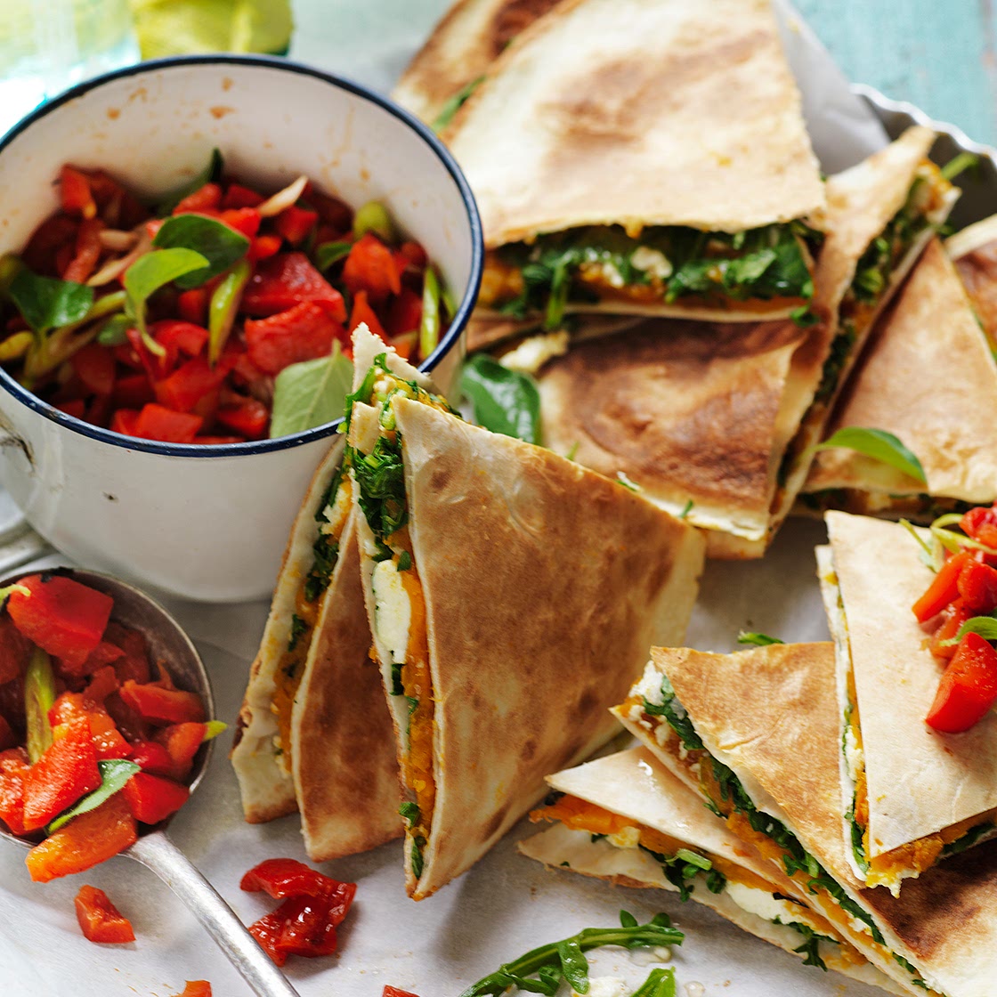 Pumpkin, ricotta and rocket quesadillas