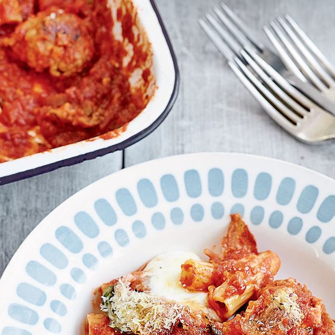 Tray-Baked Pasta and Meatballs