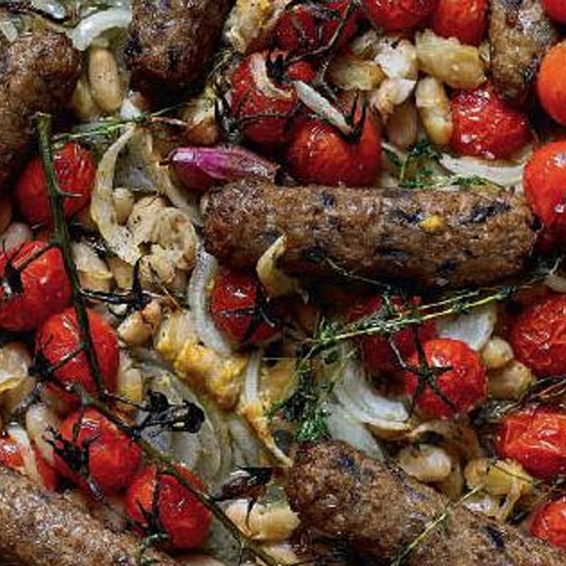 Braised Sausage All-in-one with Cherry Tomatoes, Cannellini Beans and Cider